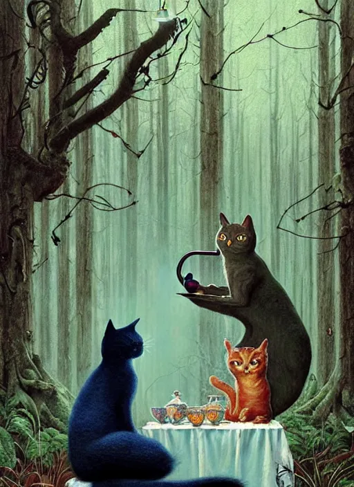 Image similar to cat having tea with a witch at a shrine in the woods gorgeous lighting, lush forest foliage blue sky a hyper realistic painting by chiara bautista and beksinski and norman rockwell and greg rutkowski weta studio, and lucasfilm