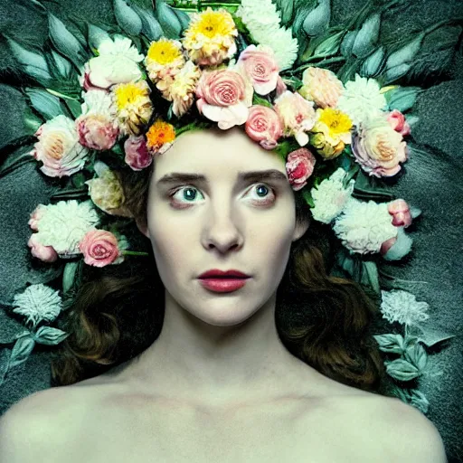 Image similar to movie still of the girl with the flowers head, cinematic composition, cinematic light, by edgar wright and david lynch, surreal art