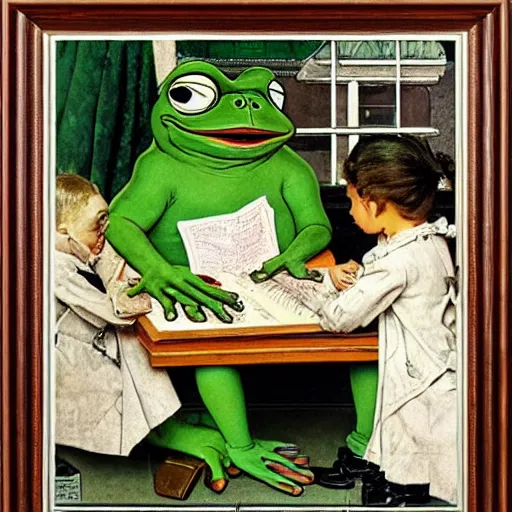 Image similar to pepe the frog at school by norman rockwell