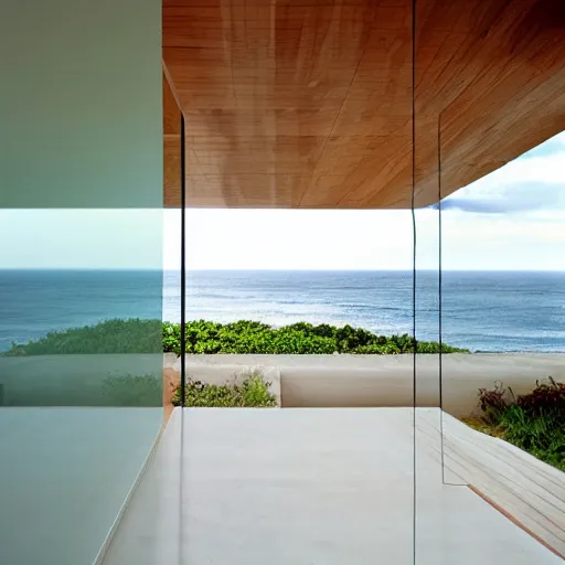 Prompt: modern minimalist zen window sill overlooking the pale blue sea