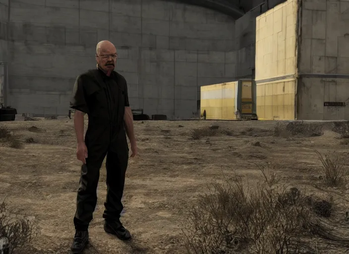 Image similar to film still of Walter White as Gordan Freeman wearing Black Mesa Jumpsuit in the Half Life Movie, 4k