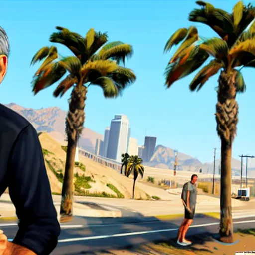 Image similar to george clooney in gta v. los santos in background, palm trees in the art style of stephen bliss