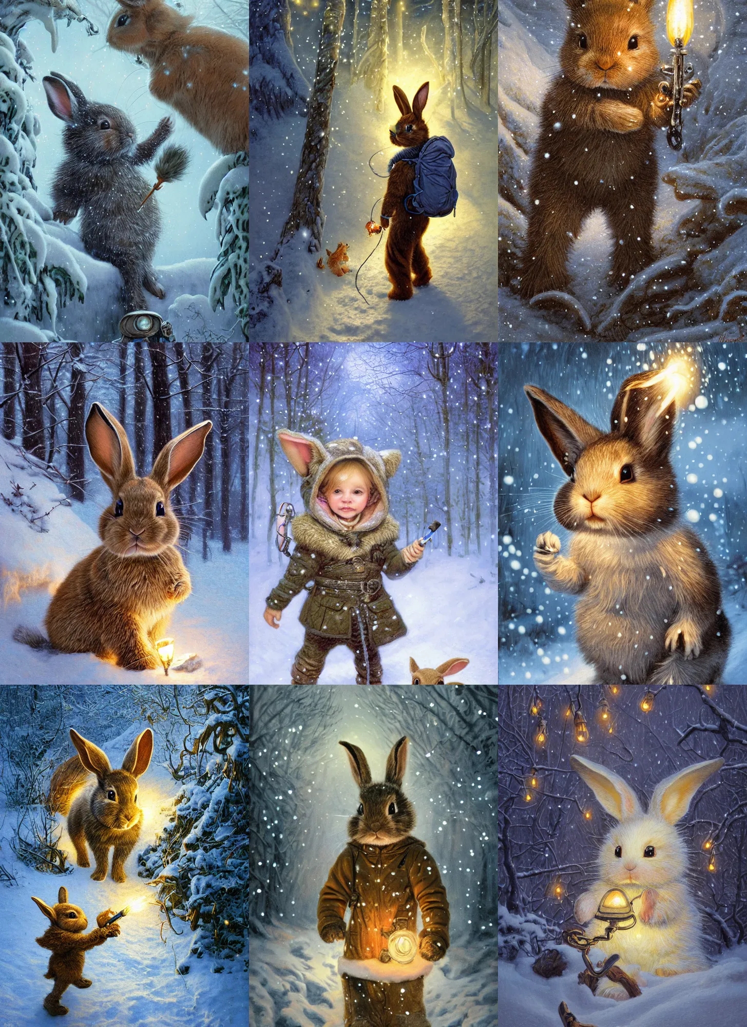 Prompt: close-up portrait of little bunny wearing a little backpack hopping through the snow, winter scene fantasy, fireflies, torch light, scary creatures in background, intricate, elegant, highly detailed, centered, smooth, sharp focus, Donato Giancola, Joseph Christian Leyendecker, WLOP, Boris Vallejo, Artgerm