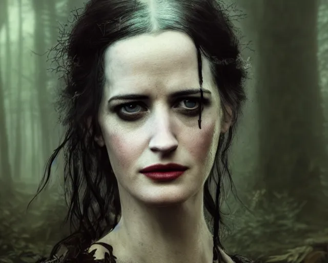 Image similar to 5 5 mm portrait photo of a real life tough looking eva green as ciri with a large scar along her left cheek, in a magical forest. dark atmosphere. art by greg rutkowski. highly detailed 8 k. intricate. lifelike. soft light. nikon d 8 5 0.