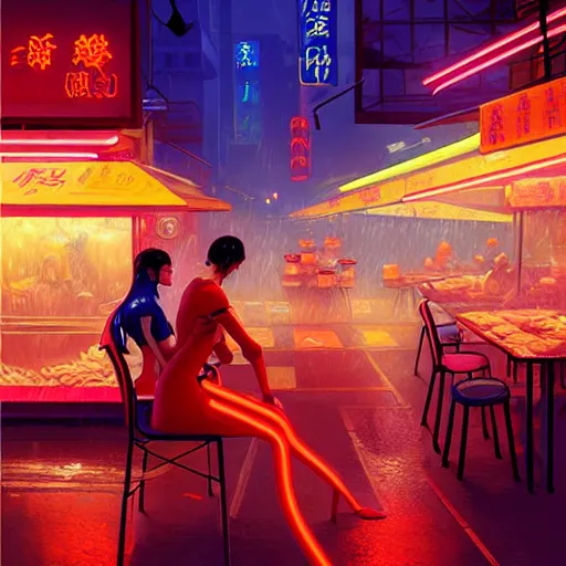 Image similar to splash art of anthropomorphic female vulpes vulpes fulva woman sitting at a noodle stand eating noodles in the crowded street of a cyberpunk city, rain, harsh neon lighting, realistic ultra detailed, by greg rutkowski, wlop, ilya kuvshinov, artgerm