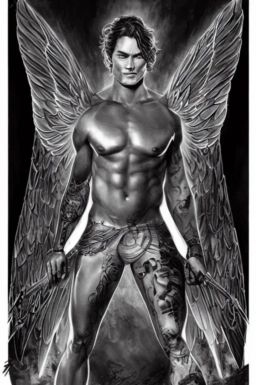 Image similar to handsome! Sam Winchester as a muscular angel wings wide open whole body tattooed with runes and religious symbols, urban fantasy romance book cover, D&D!, fantasy style, sharp focus!, ultra detailed, art by Artgerm and Peter Andrew Jones, WLUP