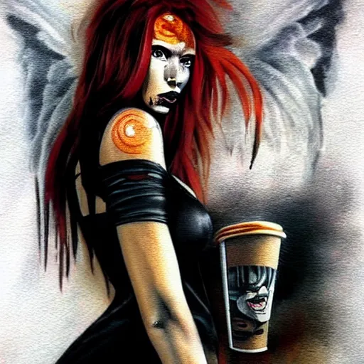 Prompt: painting in style of simon bisley, very young, tattoos, dark angel of coffee, the super hot and sexy, shiny black dress, red hair, freckles, orange halo around her head, black wings, huge cup of coffee