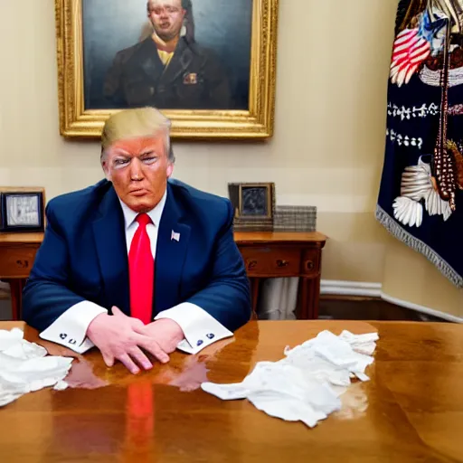 Image similar to candid portrait photo of president trump at his desk shoving crumpled papers into his mouth, chewing paper, eating paper, detailed portrait, 4 k, megapixel, sony a 7 s, f / 8, 2 4 mm lens