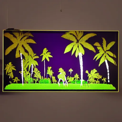 Image similar to ufo and aliens abducting cows from the distance in far pastures during summer night with palm trees. by patrick nagel, minimalist lighting, 1 0 0 0 mm. purple and green gammas.