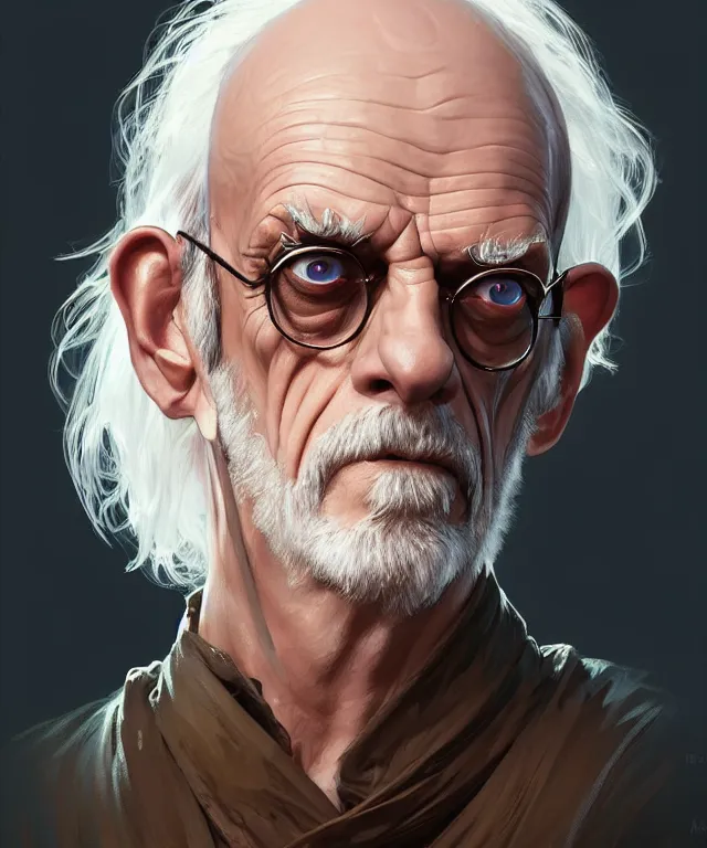 Image similar to portrait of chibi shaven christopher lloyd, his white hair is wild, intricate, headshot, highly detailed, digital painting, artstation, concept art, sharp focus, cinematic lighting, illustration, art by artgerm and greg rutkowski, alphonse mucha, cgsociety