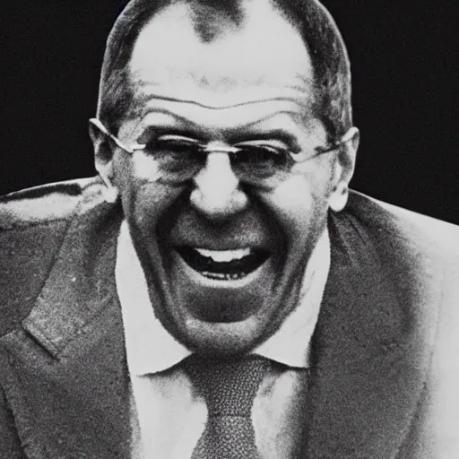 Image similar to Sergei lavrov is smiling crazy bloody butcher in slaughterhouse TERRIFYING SCARY LOOKING AT YOU UP CLOSE HORRIFYING historical asylum Black and white picture of bloody Sergei lavrov as butcher in slaughterhouse smiling bloody teeth