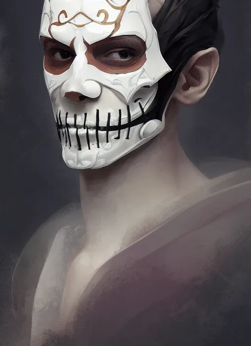 Image similar to character concept portrait of an attractive young smirking Spanish wizard with pale white skin and wearing parital skeleton mask while enchanting a dark seduction spell, a floating burning spell book in the center, intricate, elegant, digital painting, concept art, smooth, sharp focus, illustration, from Metal Gear, by Ruan Jia and Mandy Jurgens and William-Adolphe Bouguereau, Artgerm