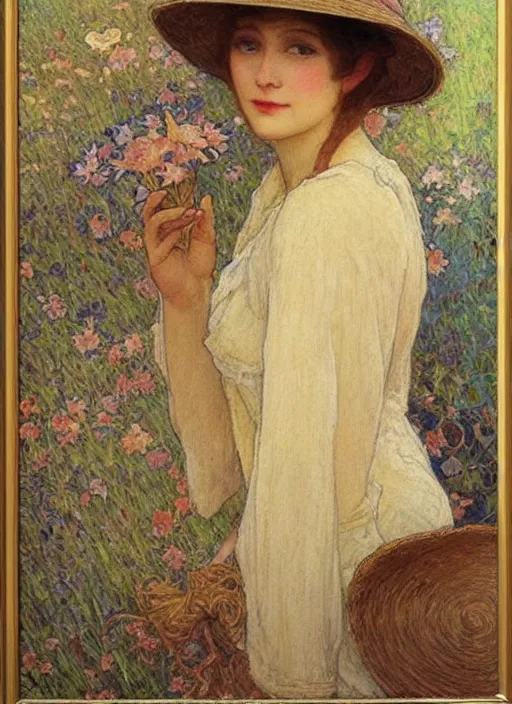 Prompt: leslie burke with straw hat, mucha