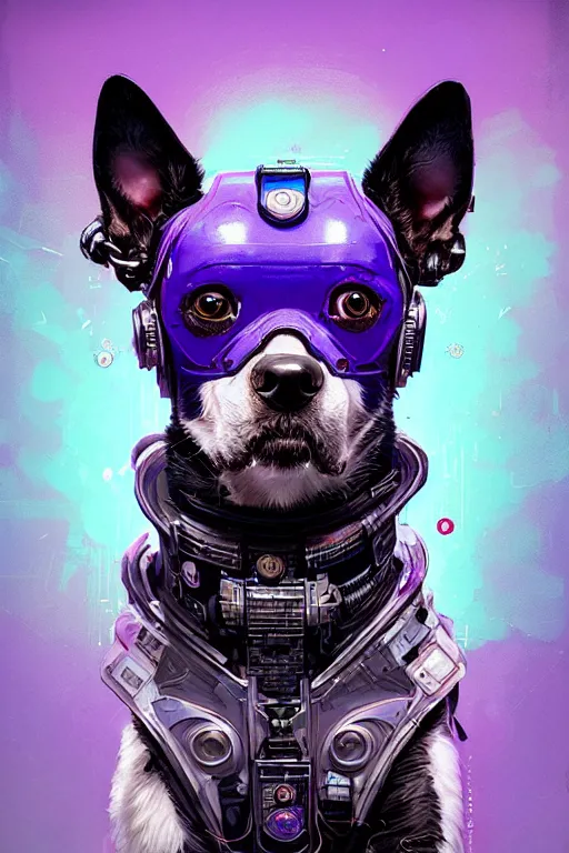 Image similar to a beautiful portrait of a cute cyberpunk dog by sandra chevrier and greg rutkowski and wlop, purple blue color scheme, high key lighting, volumetric light, digital art, highly detailed, fine detail, intricate, ornate, complex, octane render, unreal engine, photorealistic