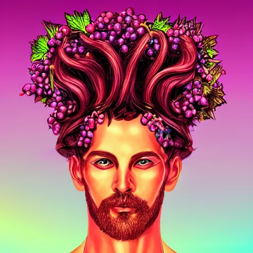Prompt: magnificent and splendid portrait of Dionysus with grapes in his hair, synthwave style digital art picture