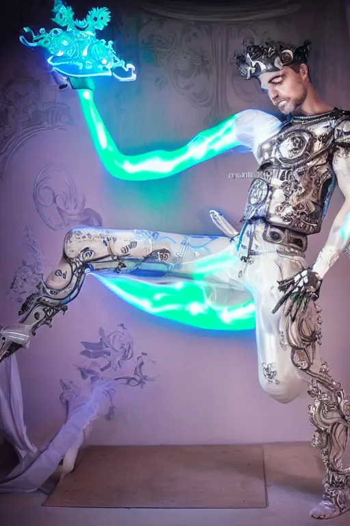 Prompt: full-body rococo and cyberpunk style neon statue of a muscular attractive J Balvin macho dotado e rico android sim roupa reclining con las piernas abertas e la piroca dura, glowing white lasers, glowing eyes, silver prince crown, silver steampunk gears, white diamonds, swirling mint-colored silk fabric. futuristic elements. ethereal white dripping tar. full-length view. space robots. human skulls. large white balloon animals. intricate artwork by caravaggio. Trending on artstation, octane render, cinematic lighting from the right, hyper realism, octane render, 8k, depth of field, 3D