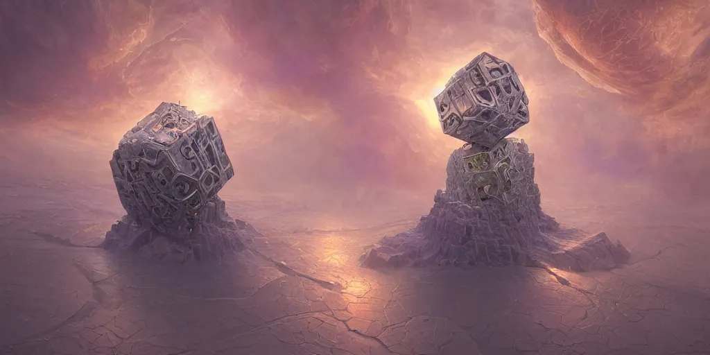 Prompt: Turbulent cube made of a highly reflective material, pulsar, detailed and intricate environment, concept art, art nouveau, Tom Bagshaw, Jorge Jacinto, John Harris, Peter Gric, 3d render, global illumination, volumetric lighting, CGsociety, radiant light