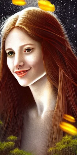 Image similar to infp young woman, smiling, amazed by golden fireflies lights, sitting in the midst of nature fully covered, long loose red hair, intricate linework, green eyes, small nose with freckles, oval shape face, realistic, expressive emotions, dramatic lights, spiritual scene, hyper realistic ultrafine art by cecco del caravaggio and albert bierstadt and artgerm