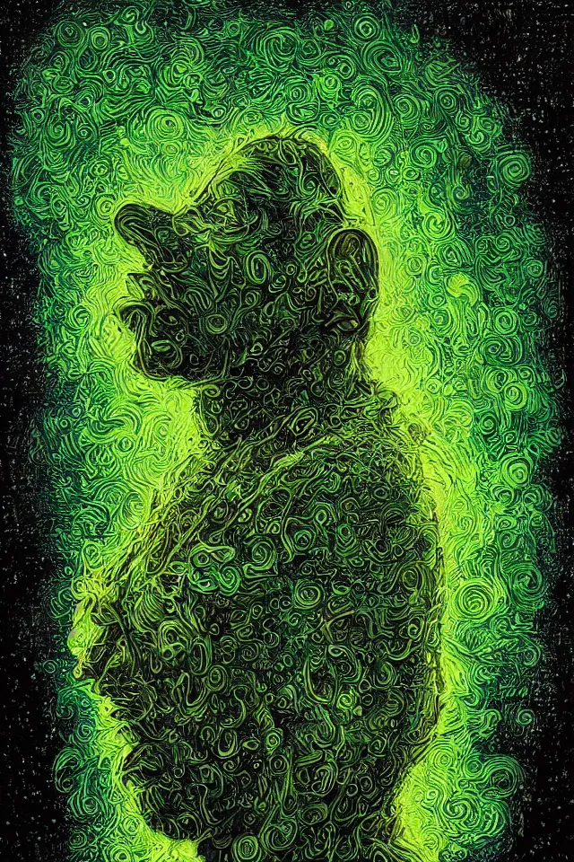 Image similar to bizarre green blacklight detailed renaissance portrait of homer simpson as a highly detailed realistic real life, dramatic cinematic lighting, 8 k, beautiful intricate painting by james r eads and tomasz alen kopera