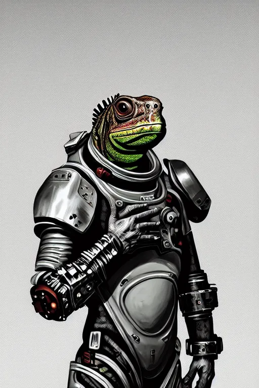 Image similar to a portrait of a muscular anthropomorphic cyberpunk iguana! space mechanic in spacesuit armor with ensignia on chest plate by sandra chevrier, by jon foster, detailed render, pistol in holster, tape deck, epic composition, cybernetics, 4 k realistic, cryengine, realistic shaded lighting, sharp focus, masterpiece, by enki bilal