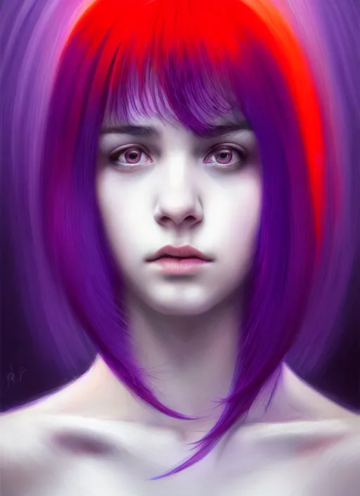 Image similar to hair whitebangs hair, black hair, whitebangs, portrait of teenage girl with white bangs, red irises, purple clothes, white bangs, bangs are different color from hair, intricate, elegant, glowing lights, highly detailed, digital painting, artstation, concept art, smooth, sharp focus, illustration, art by wlop, mars ravelo and greg rutkowski