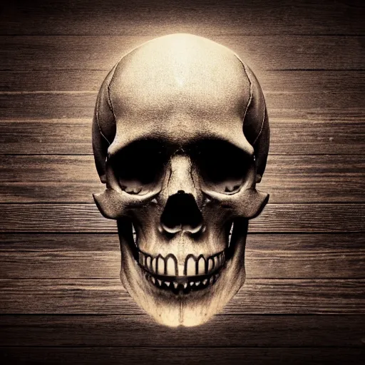 Prompt: A skull on a wood table, smoke effects, black background, studio lighting