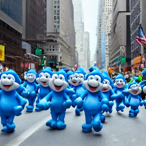 Image similar to a parade of stuffed smurfs marching down 5 th ave manhattan on st. patrick's day, 8 k, photo realistic, extremely life like