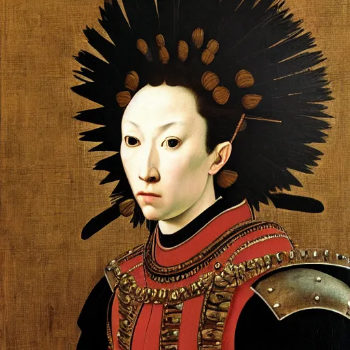 Prompt: a renaissance style portrait of a full armored samurai by Caravaggio, oil painting, thick brush strokes, loose details