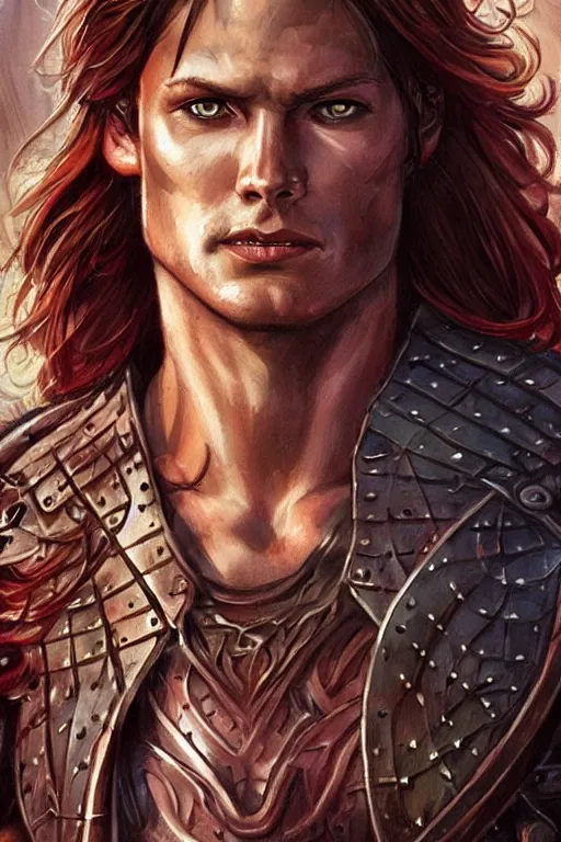 Prompt: portrait of attractive sam winchester as a rogue scotish warrior from the xii century, muscular body tattooed, d & d!, fantasy style, sharp focus!, ultra detailed, art by artgerm and peter andrew jones, wlop