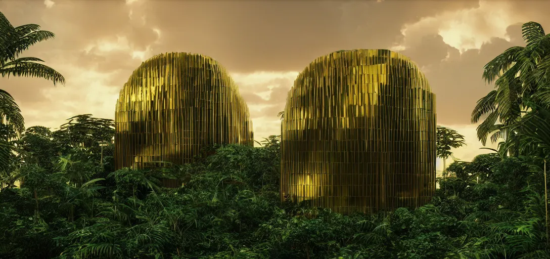 Image similar to futuristic shinny golden building camouflaged in an jungle landscape of a solarpunk world by oscar niemeyer, golden roads le corbusier and frank gerhy, brutalism, movie poster, golden ratio, at dusk lighting, evening lighting, reflections and refractions, film still, hyper realistic, octane render redshift arnold materials unreal engine, 8 k post production, hyper detailed