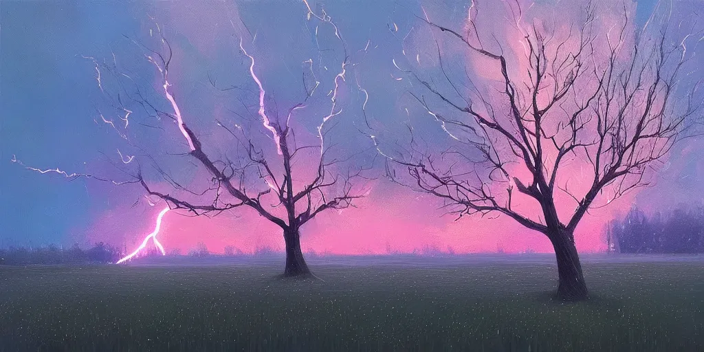 Image similar to lightning strikes a tree in the middle of a field, painting By Alena Aenami,