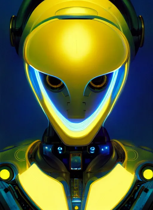 Prompt: symmetry portrait of a robot grinning, sci - fi, tech wear, blue and yellow glowing lights, intricate, elegant, highly detailed, digital painting, artstation, concept art, smooth, sharp focus, illustration, art by artgerm and greg rutkowski and alphonse mucha