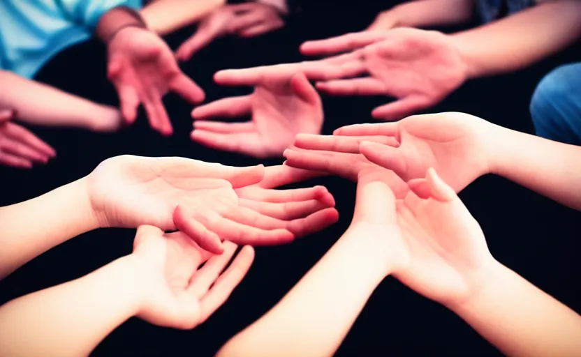 Image similar to photograph of hands lots of hands, one point perspective, 1-point perspective, tilt shift, sigma 85mm f/1.4, 4k, depth of field, high resolution, 4k, 8k, hd, full color