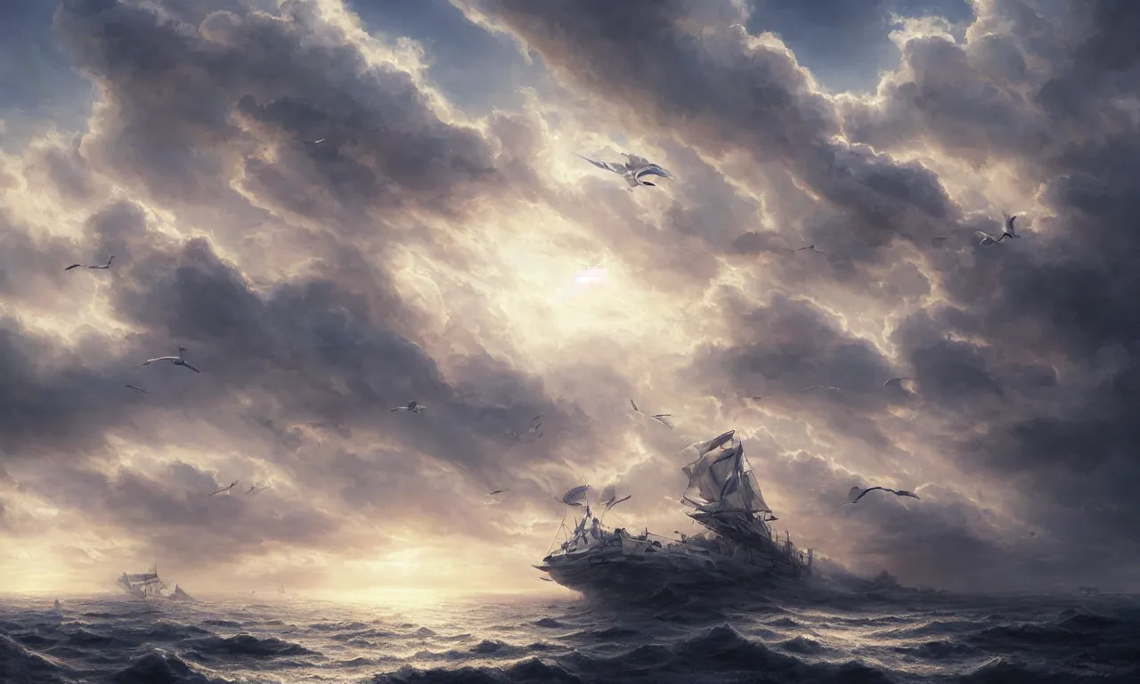 Image similar to a beautiful digital painting of a white ship merged in the clouds, birds flying in the sunlight, intircated tumultuous clouds, blue sky at sunset, elegant, highly detailed, artstation, concept art, matte, sharp focus, art by tom bagshaw, kelogsloops and greg rutkowski