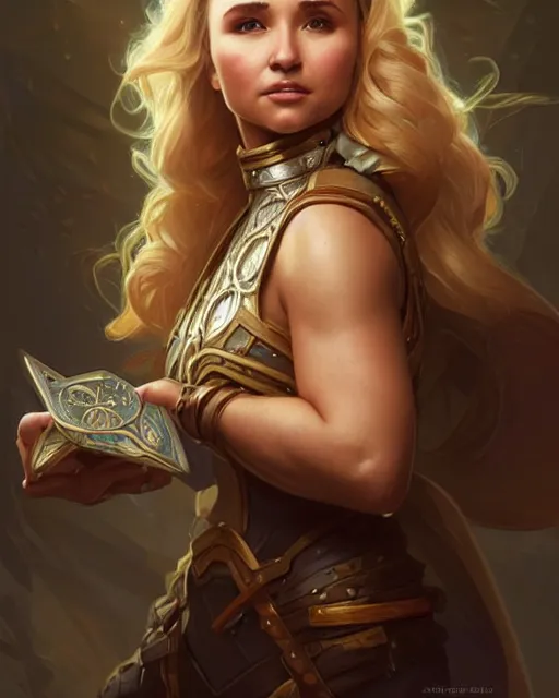 Prompt: Hayden Panettiere, D&D, fantasy, intricate, elegant, highly detailed, digital painting, artstation, concept art, matte, sharp focus, illustration, hearthstone, art by Artgerm and Greg Rutkowski and Alphonse Mucha