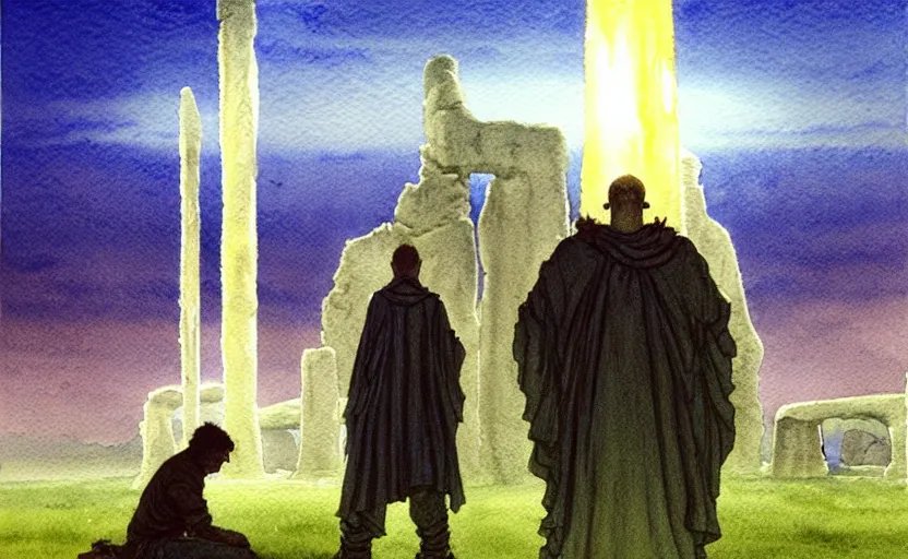 Image similar to a hyperrealist watercolour character concept art portrait of a pagan worshipper kneeling down in prayer in front of a tall elegant giant on a misty night in stone henge. a battlecruiser starship is in the background. by rebecca guay, michael kaluta, charles vess and jean moebius giraud