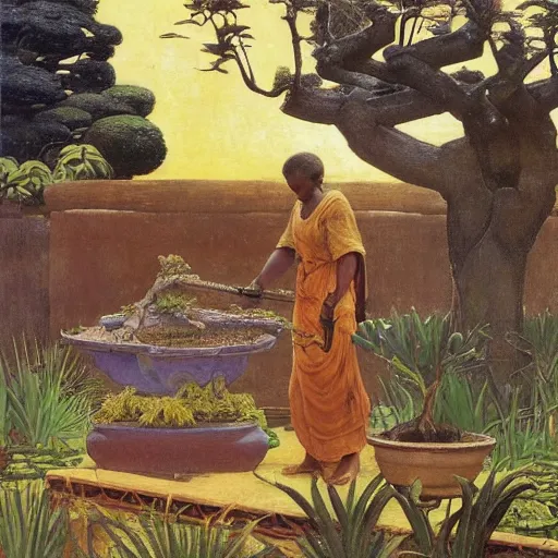 Prompt: Old African gardener cutting bonsai trees, isyllic Garden, by Annie Swynnerton and Nicholas Roerich and jean delville, glowing paper lanterns, strong dramatic cinematic lighting , ornate tiled architecture, lost civilizations, smooth, sharp focus, extremely detailed