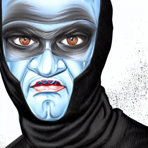 Prompt: a detailed portrait of a man wearing a black ski mask, blue eyes, art illustration, incredibly highly detailed and realistic, 8 k, sharp focus