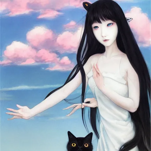 Image similar to style of Guo Hua ,young vampire and her black cat Portrait by Miho Hirano, full body , realistic, detailed, white, light pink tonalities, beautiful collage technique including clouds, sea, wind, ornate sea background, beautiful Fantasy detailed trending on artstation, oil painting,Dramatic lighting, eterea , high quality print, fine art with subtle redshift rendering