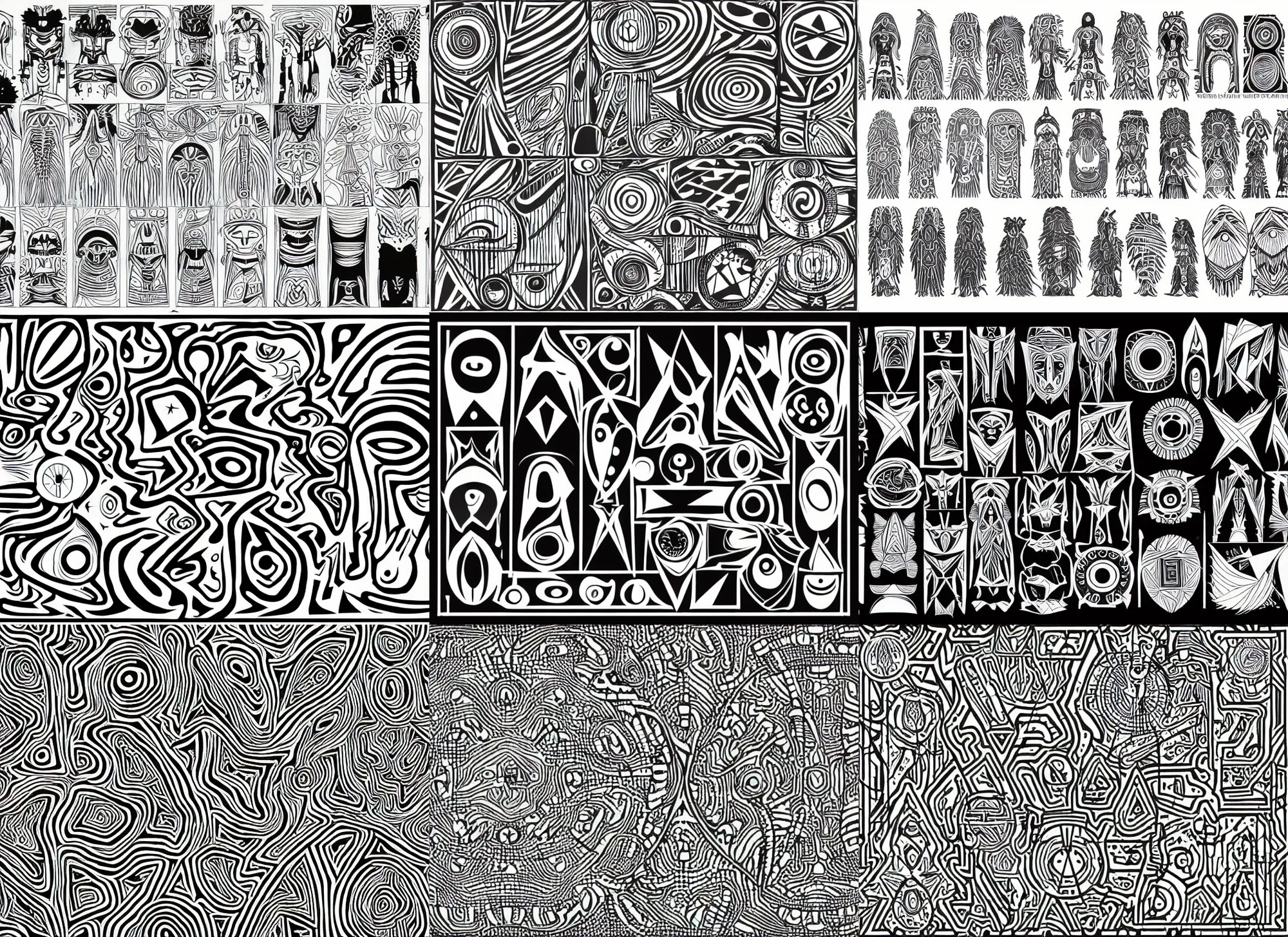Prompt: tribal aboriginal clean shapes by bauhaus, moebius, sprite sheet, b & w, vector