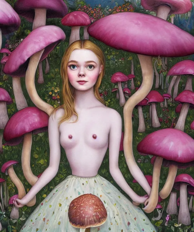 Image similar to portrait of Elle Fanning in wonderland, giant mushrooms, lowbrow painting by Mark Ryden