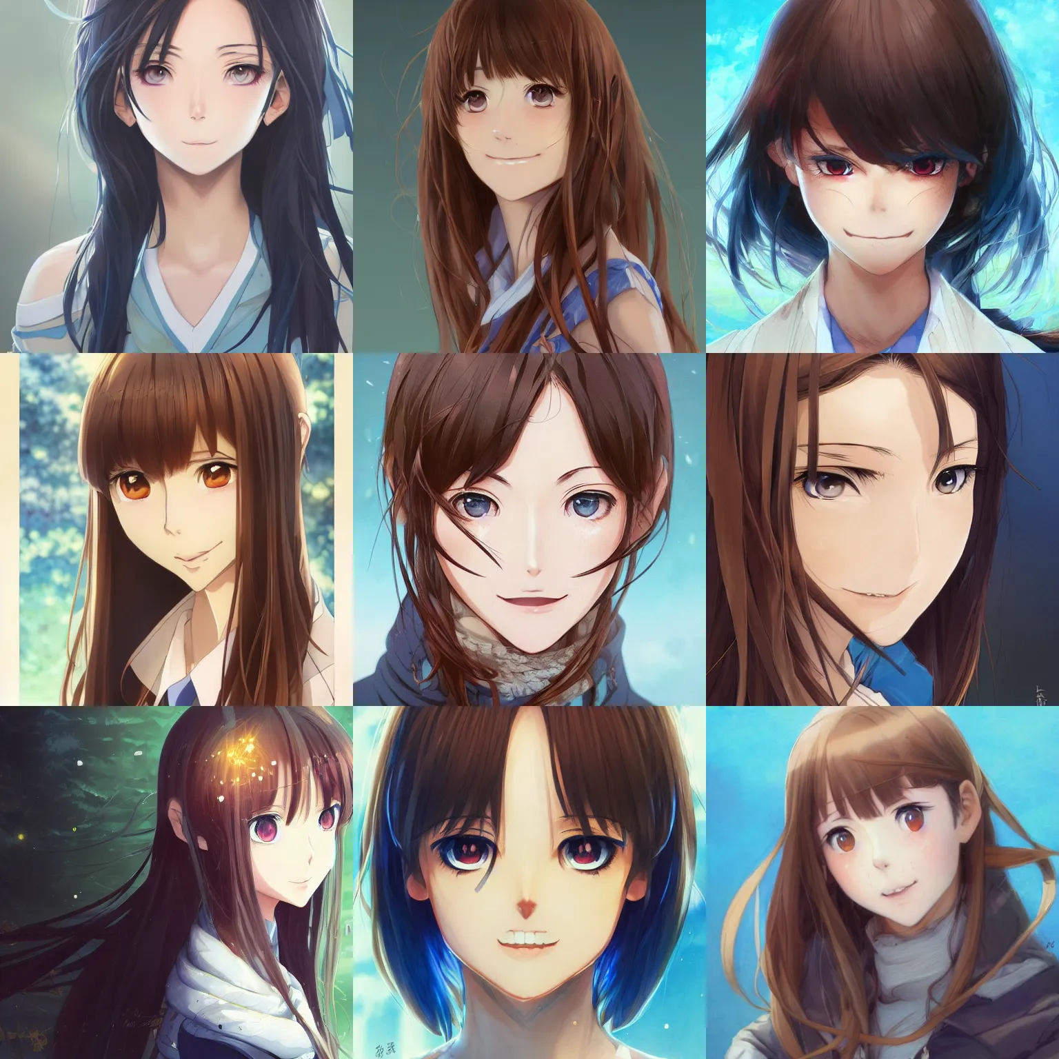 Prompt: An anime portrait of a woman with straight brown hair, smiling, with bright blue eyes, and bold eyebrows, without glasses, and her whole head fits in the frame, by Stanley Artgerm Lau, WLOP, Rossdraws, James Jean, Andrei Riabovitchev, Marc Simonetti, and Sakimi chan, trending on artstation