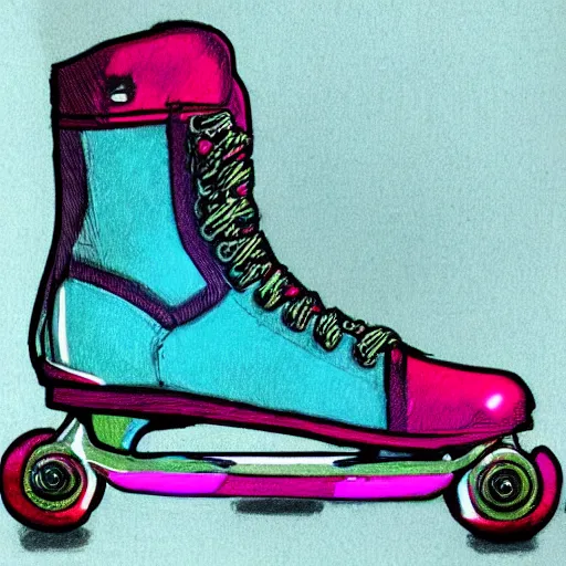 Image similar to a drawing of a pair of white retro! roller skates with dragon embroidery and cyan wheels on a pedestal!! in an empty white room, trending on artstation, carpenter brut, synthwave, pink lightning, neon!! light