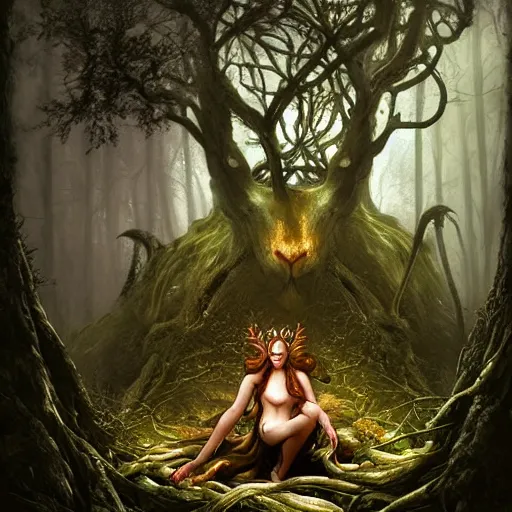 Image similar to a satyr sitting on a throne in an ominous forest by bastien lecouffe - deharme, ken kelly, artgerm and karol bak, unreal engine, dynamic lighting, fog, glowing eyes, illustration, vines, thorns, god rays, mysterious