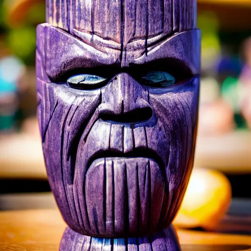 Image similar to a closeup photorealistic photograph of a thanos style tiki mug sitting at a trader vic's beach bar featuring the face of thanos. tiki party. bright scene. fine detail. this 4 k hd image is trending on artstation, featured on behance, well - rendered, extra crisp, features intricate detail, epic composition and the style of unreal engine.