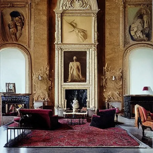 Image similar to giant Italian modern castle living room, clean minimalist design, that is 1300 feet tall, with very tall giant walls filled with modern art paintings, doors that are cosmic portals, photo by Annie Leibovitz