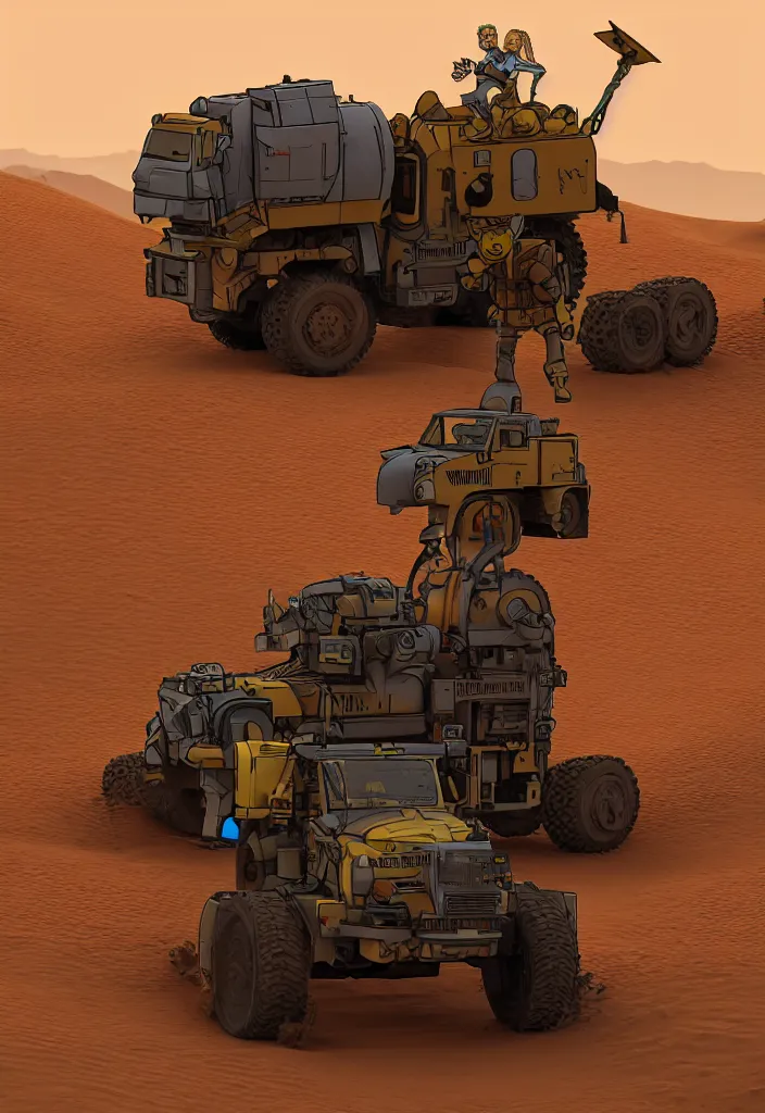 Image similar to Lisa Simpson riding Fury Road War Rig vehicle through the desert, borderlands 4k render