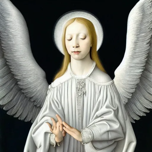 Image similar to highdetailed hyperrealistic painting of white angel!!! no gender smiling noface!!!, light instead of hands, white sparkles everywhere, 4 k hd face!!!, big silver high detailed wings!!!, renaissance, by jan van eyck, holography space, glow effect, large strokes, monochrome!!!!!