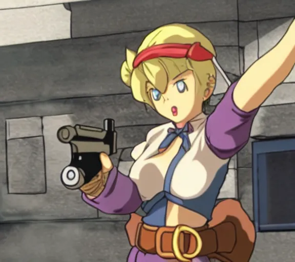 Image similar to marnie from chrono trigger pointing a gun at viewer