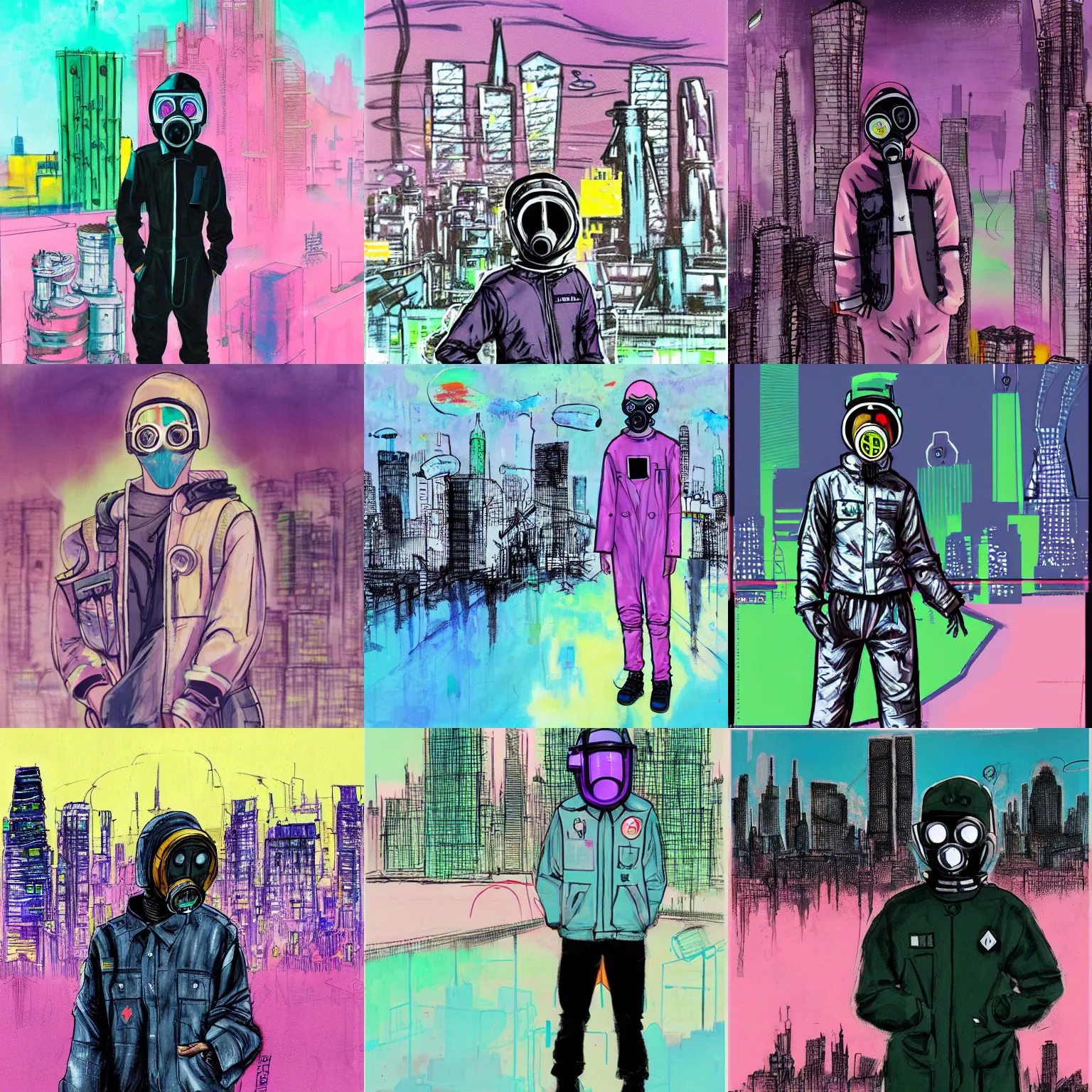 Prompt: teenager wearing a boiler suit and a futuristic gas mask, city skyline in the background, pastel colours, science fiction concept art, by Jim mahfood, beautiful, trending on art station